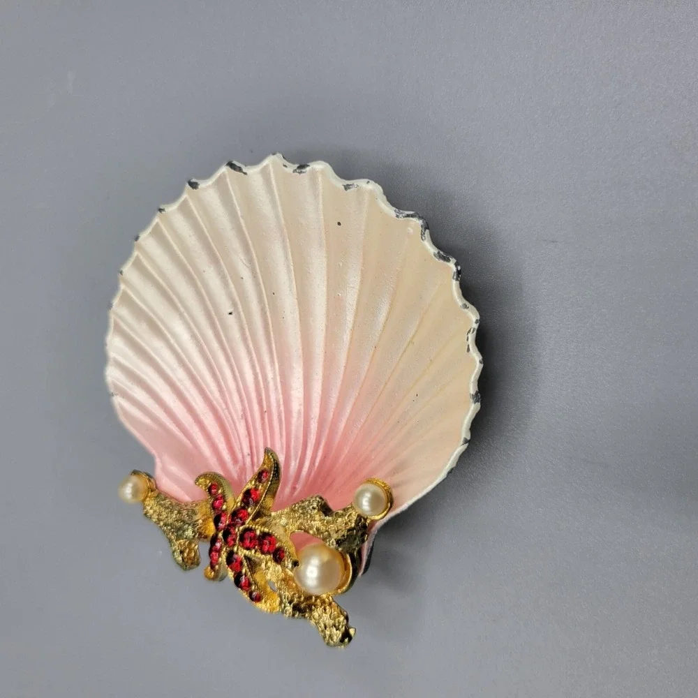 Vintage Decorative Pink & Gold Shell Trinket Dish With Pearl & Starfish Accent